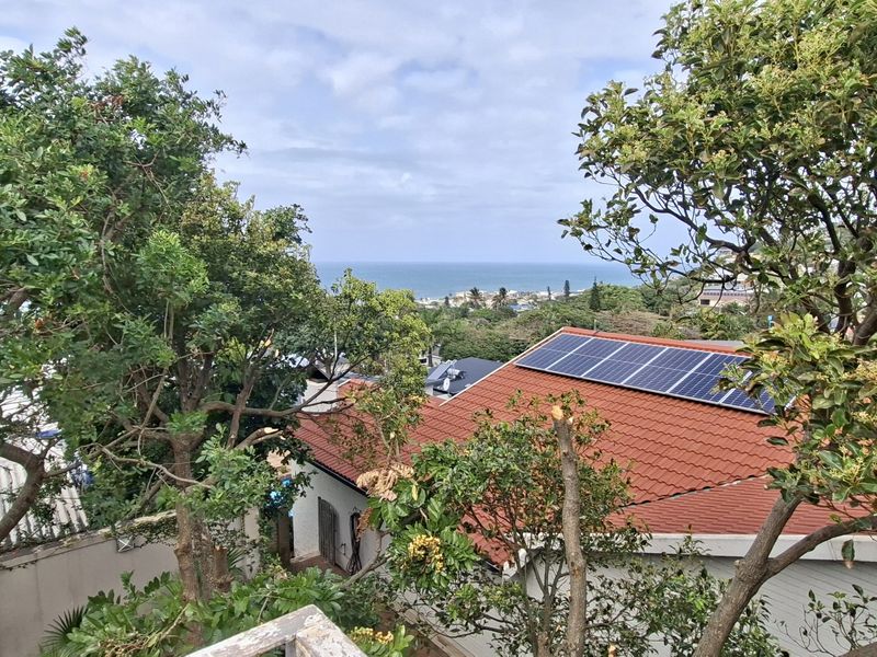Elevated view overlooking the property's tiled roof with installed solar panels, surrounded by mature trees with a distant ocean horizon.
