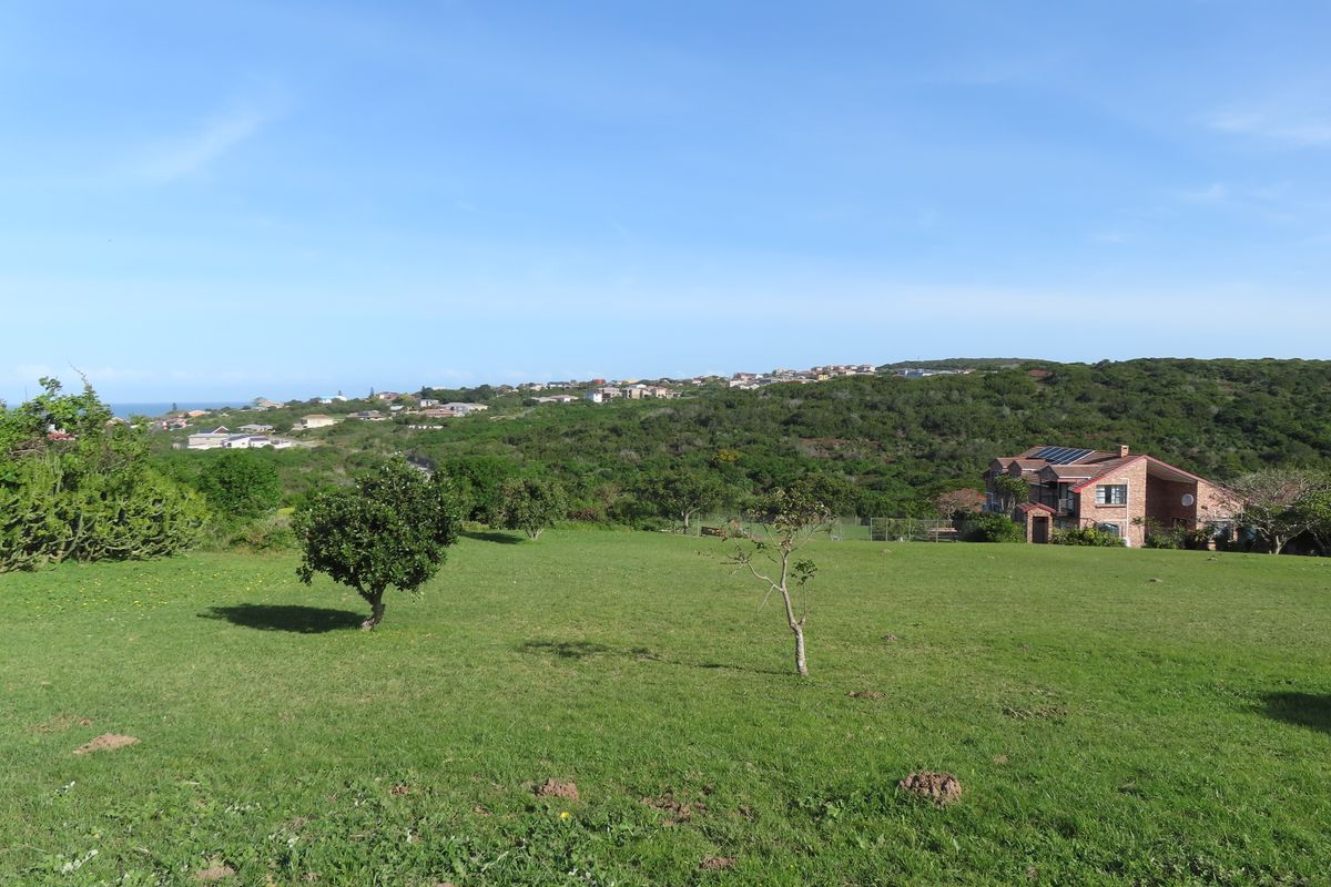 A scenic view of a grassy residential plot with surrounding coastal landscape and distant neighborhood homes.