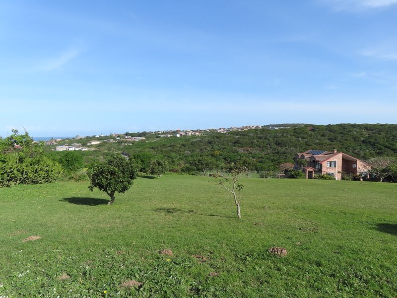 A scenic view of a grassy residential plot with surrounding coastal landscape and distant neighborhood homes.
