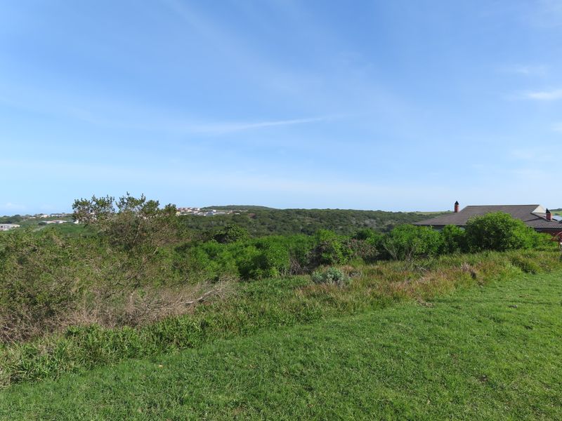A scenic view overlooking a natural landscape with lush green vegetation and distant residential development under a clear blue sky.