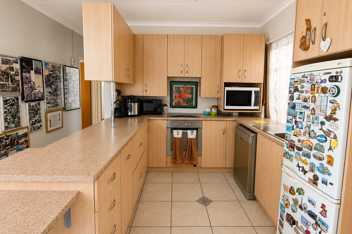 A functional U-shaped kitchen featuring light wood-look cabinetry, laminate countertops, a breakfast bar, and tiled flooring with integrated appliances.