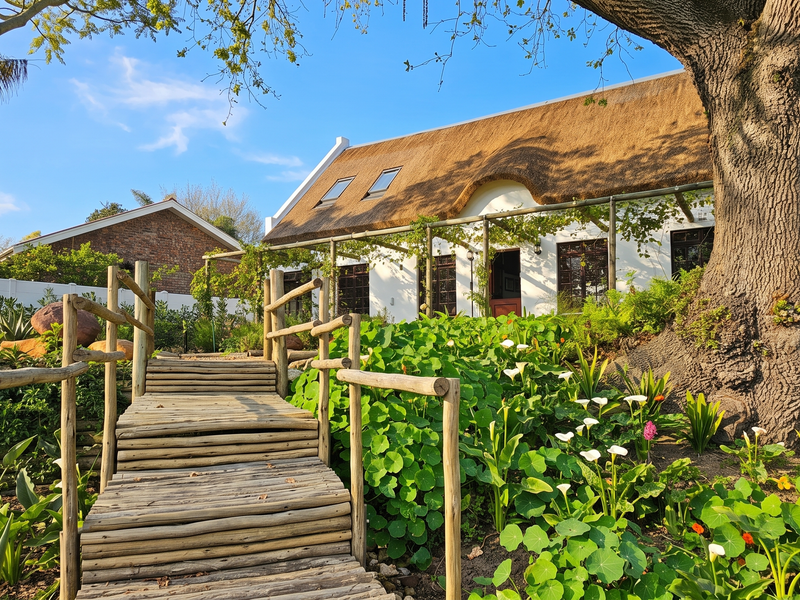 A charming thatched-roof cottage featuring a timber footbridge leading through a lush, well-maintained garden with a pergola and mature trees.