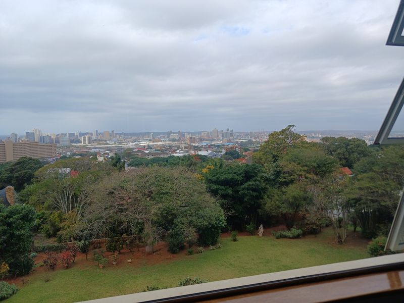 An elevated view overlooking a lush green garden with a sprawling cityscape and urban skyline in the distance.