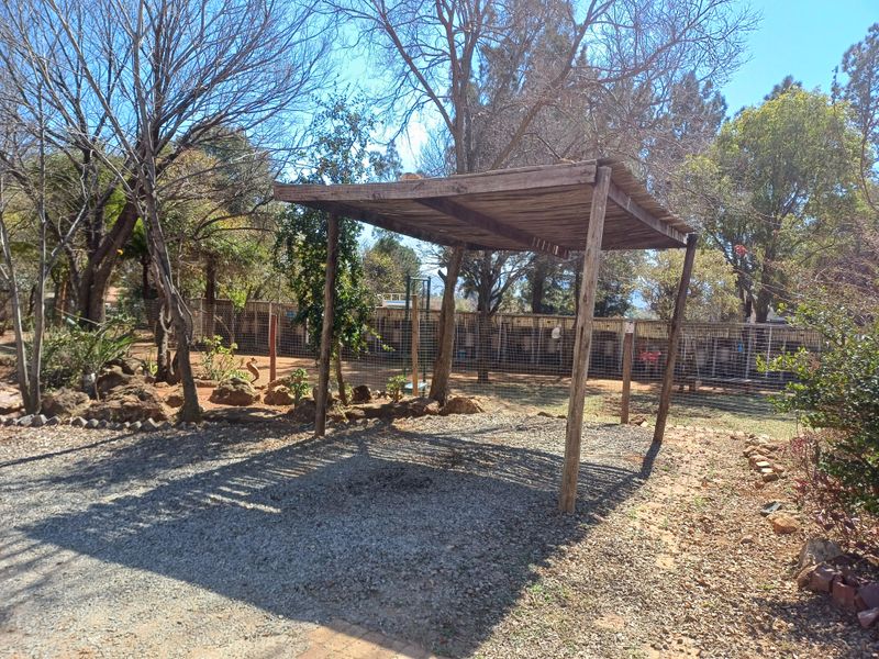 An outdoor garden area featuring a weathered wooden pergola structure set over a gravel surface, enclosed by wire mesh fencing.