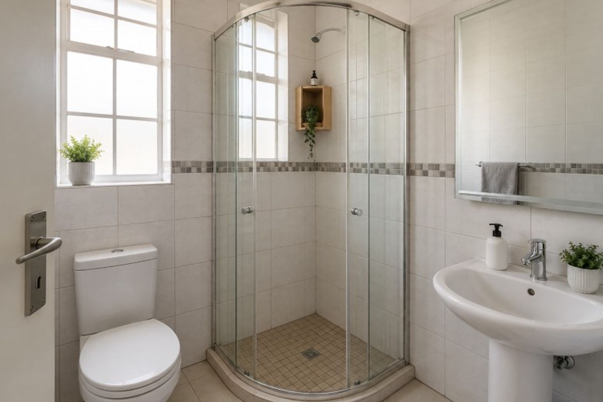 A clean and functional bathroom featuring a corner shower enclosure, pedestal basin, toilet, and neutral wall tiling with a decorative border.