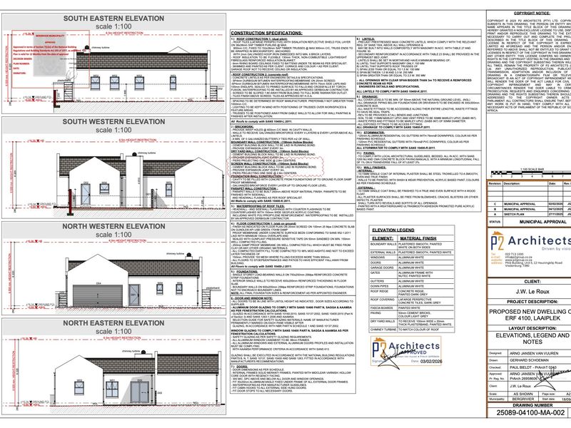 Architectural floor plan and elevation drawings for a proposed new dwelling, detailing construction specifications, material finishes, and site layout.
