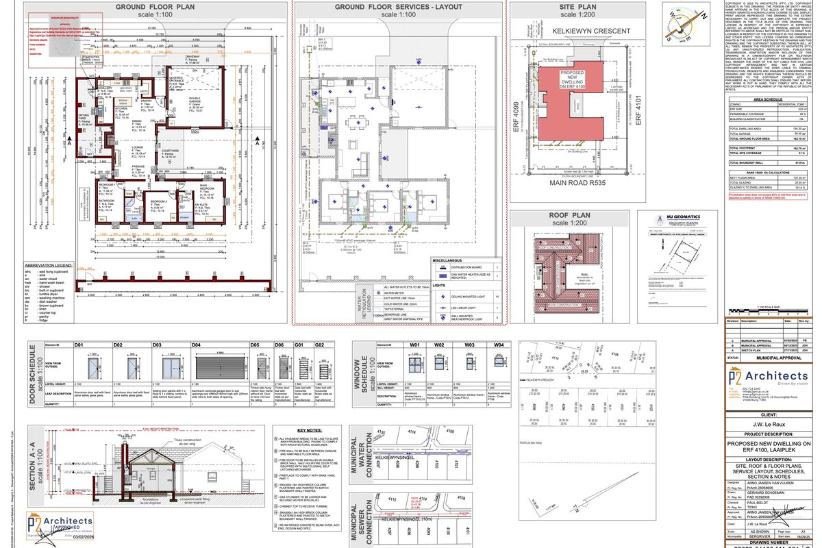 Architectural floor plans, site plan, and roof plan for a proposed new dwelling, including door and window schedules.