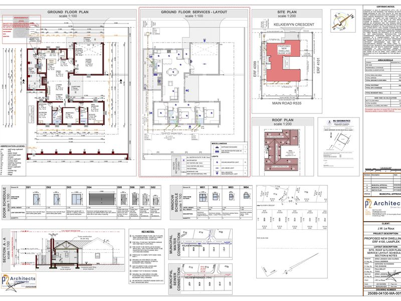 Architectural floor plans, site plan, and roof plan for a proposed new dwelling, including door and window schedules.