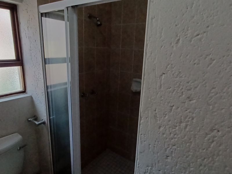 A functional bathroom featuring a shower enclosure with tiled walls, a standard toilet, and a frosted glass window for privacy.