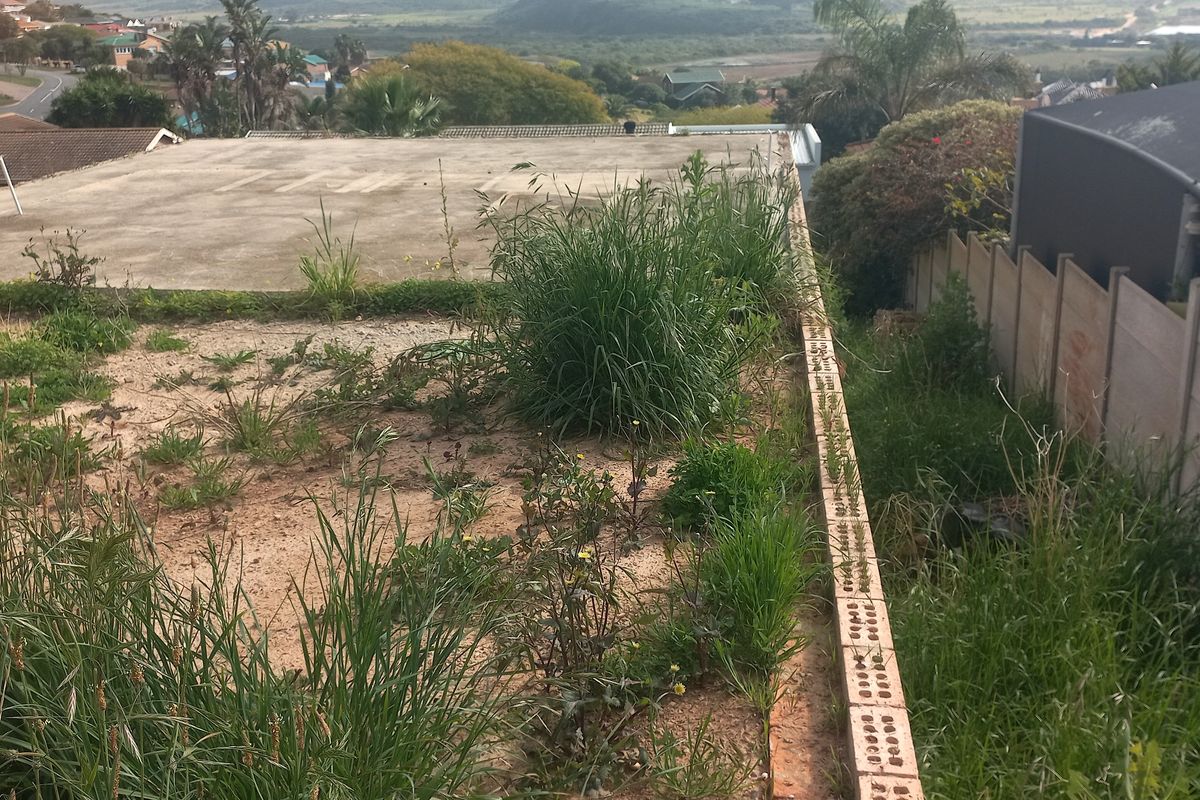 A view of a vacant residential plot featuring a concrete slab, perimeter precast walling, and overgrown vegetation with surrounding neighborhood views.