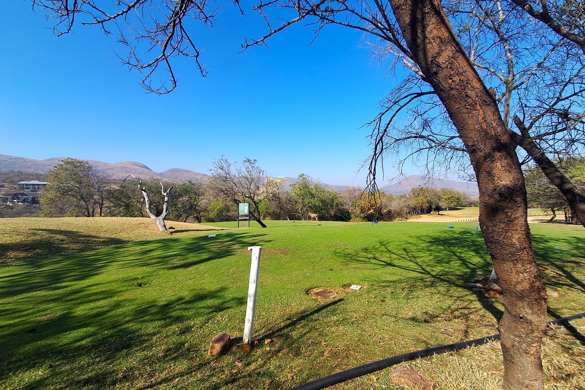 A scenic view of a well-maintained residential plot featuring expansive green lawns, mature trees, and a picturesque mountain landscape in the background.