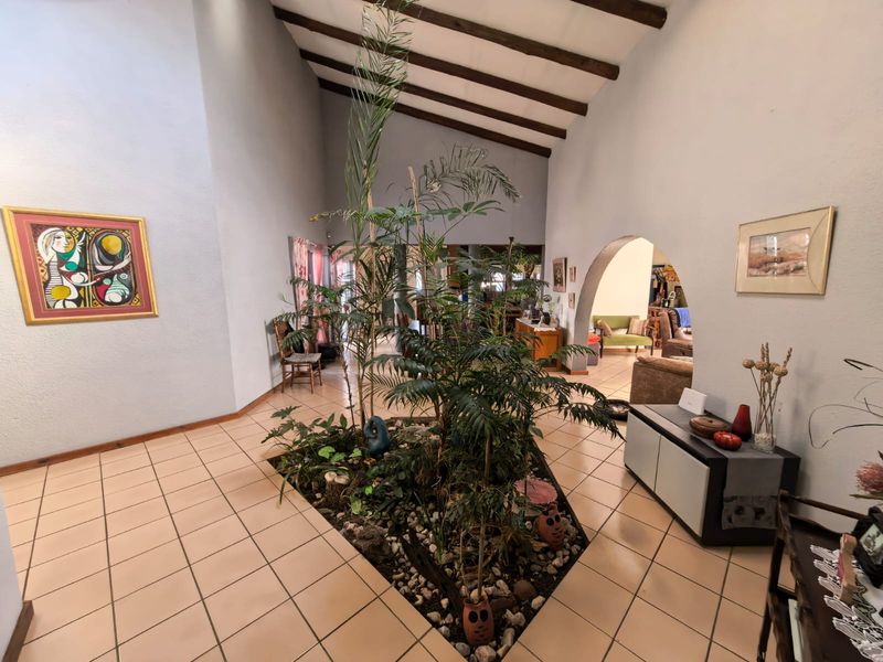 Spacious living area featuring a vaulted ceiling with exposed timber beams, ceramic tile flooring, and a unique central indoor garden feature.