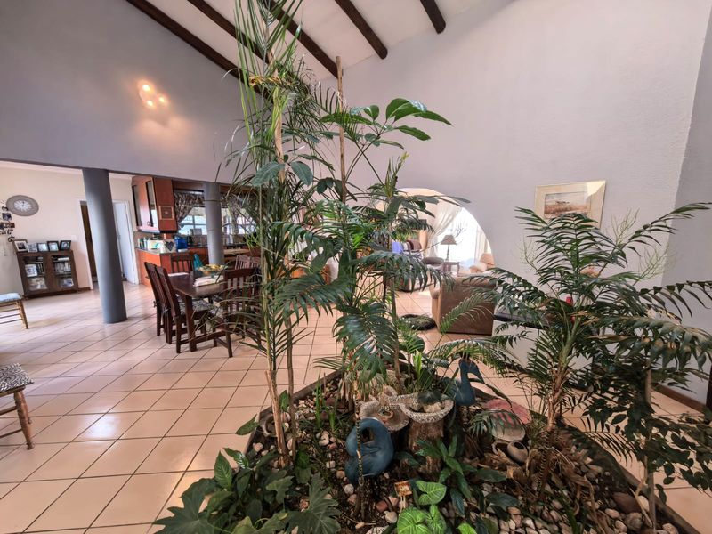 Spacious open-plan living and dining area featuring exposed timber ceiling beams, tiled flooring, and a unique central indoor planter feature.