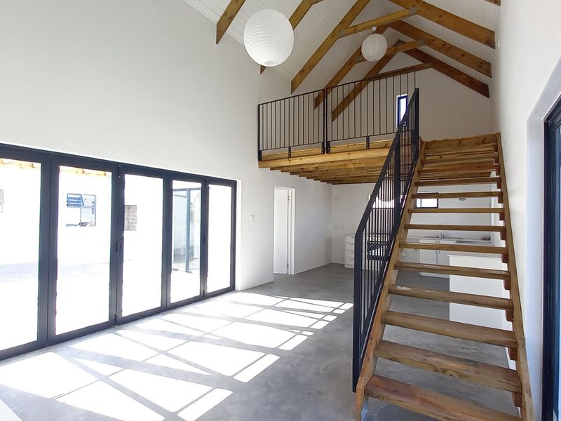 Spacious open-plan living area featuring vaulted ceilings with exposed timber rafters, a mezzanine level, polished concrete floors, and large bi-fold doors.