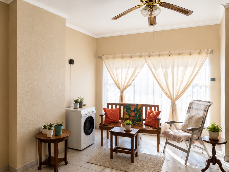 A sunlit living area featuring tiled flooring, a ceiling fan, and a dedicated space for laundry appliances.