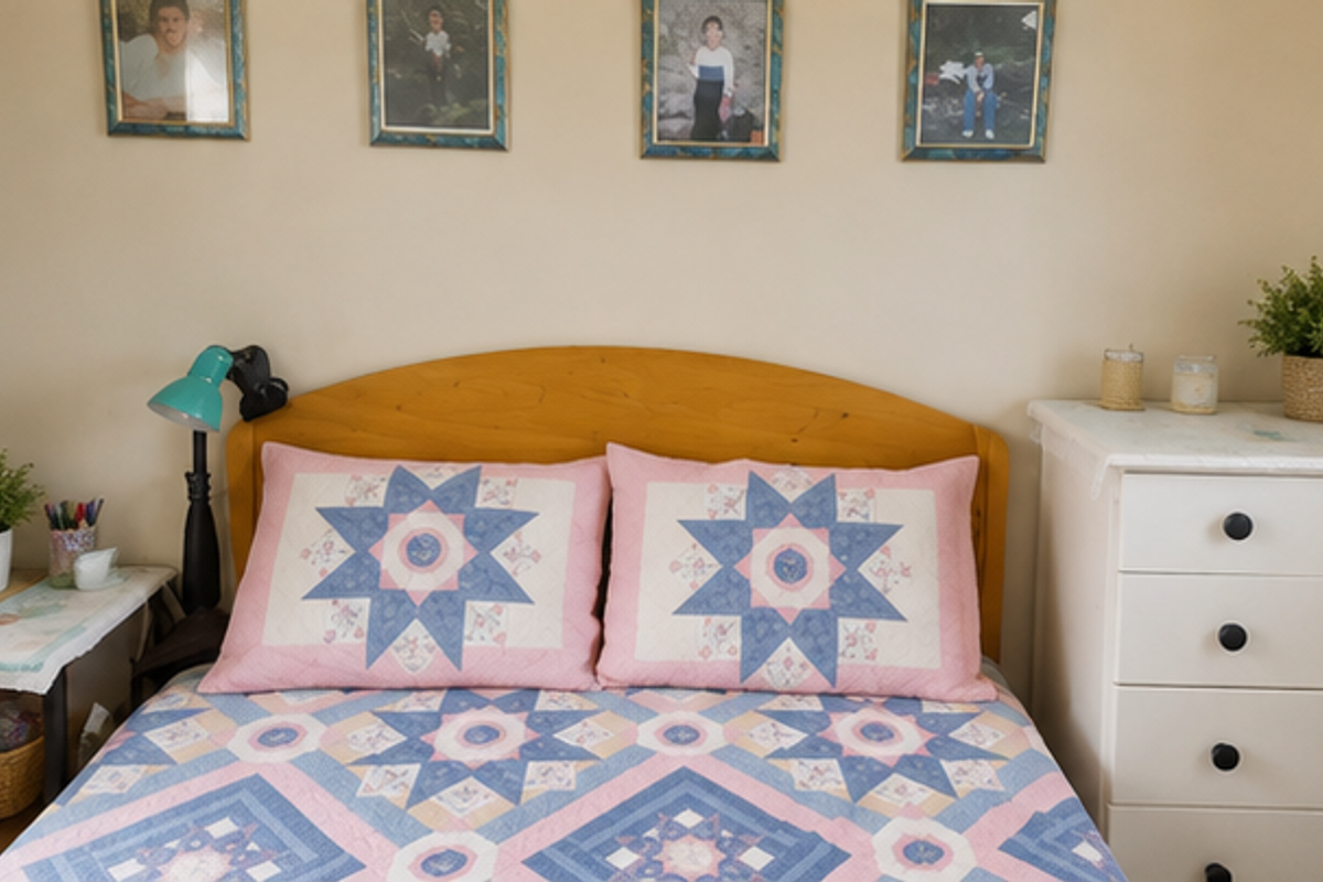 A cozy bedroom featuring a wooden headboard and neutral wall finishes, providing a comfortable and functional sleeping space.