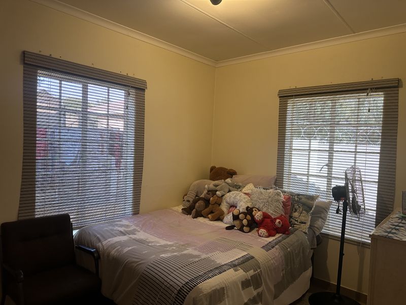 A standard bedroom featuring dual windows with fitted roller blinds and simple cove cornicing.