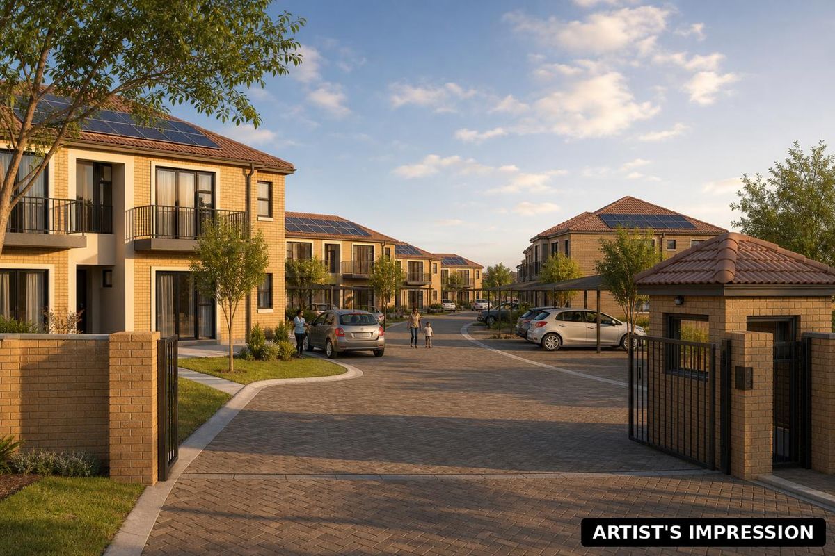 An artist's impression of a modern residential apartment complex featuring brick facades, solar panels, paved driveways, and secure gated access.