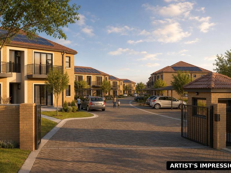 An artist's impression of a modern residential apartment complex featuring brick facades, solar panels, paved driveways, and secure gated access.