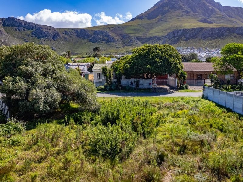 An aerial view of a vacant residential plot featuring natural vegetation and precast concrete boundary walls, set against a mountain backdrop.