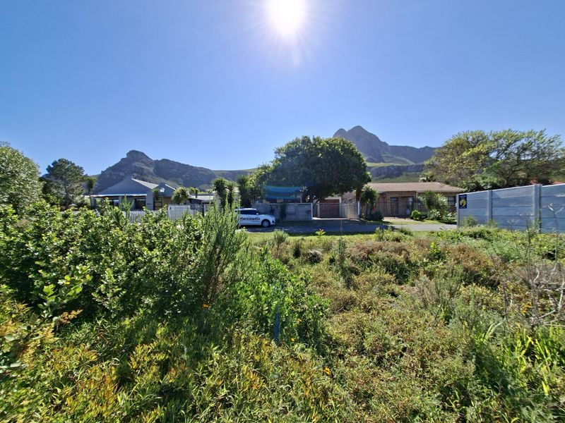 A view of a vacant residential plot featuring natural vegetation, a precast boundary wall, and a backdrop of mountain scenery.