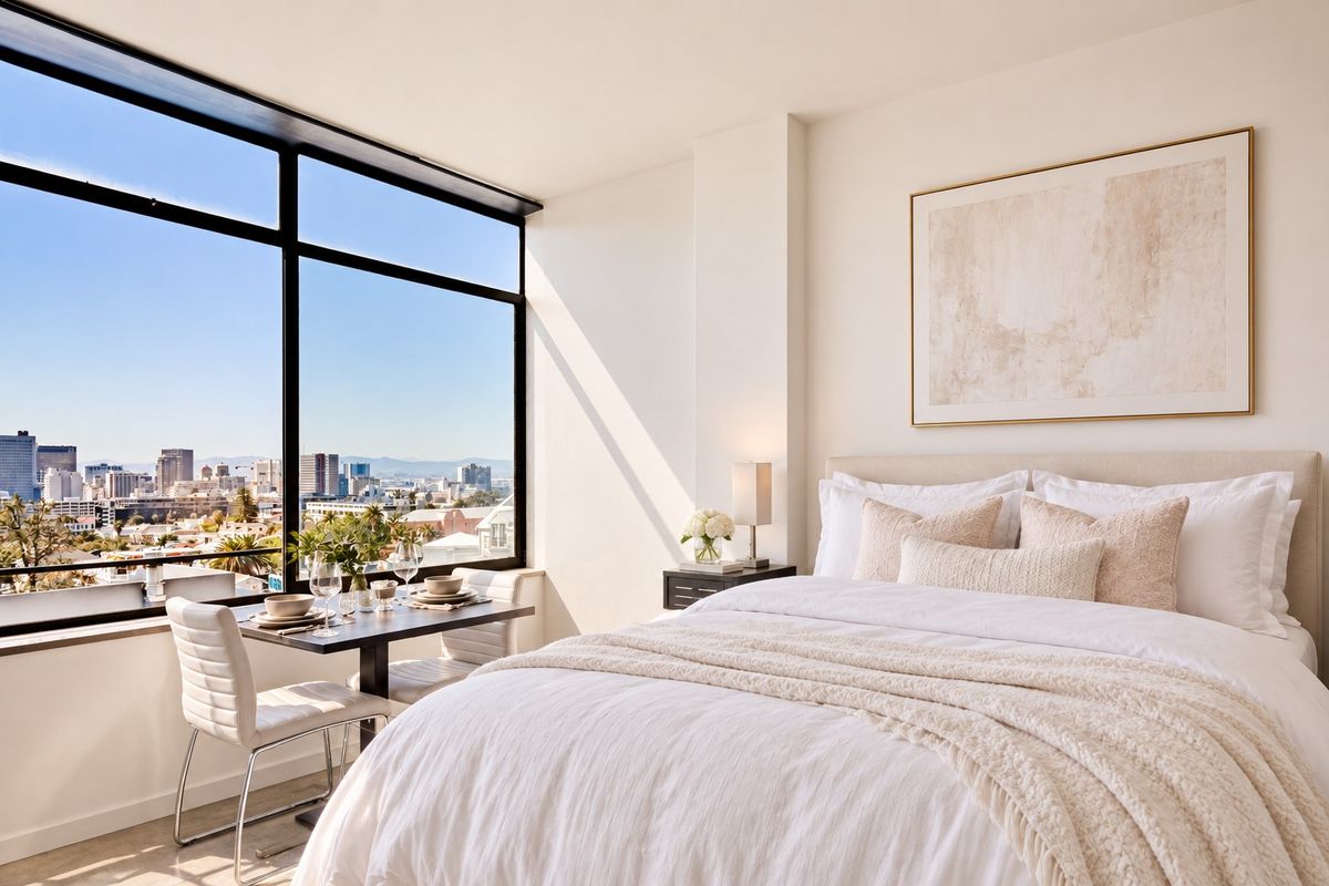A bright, modern bedroom featuring expansive floor-to-ceiling windows with panoramic city views and high-quality finishes.