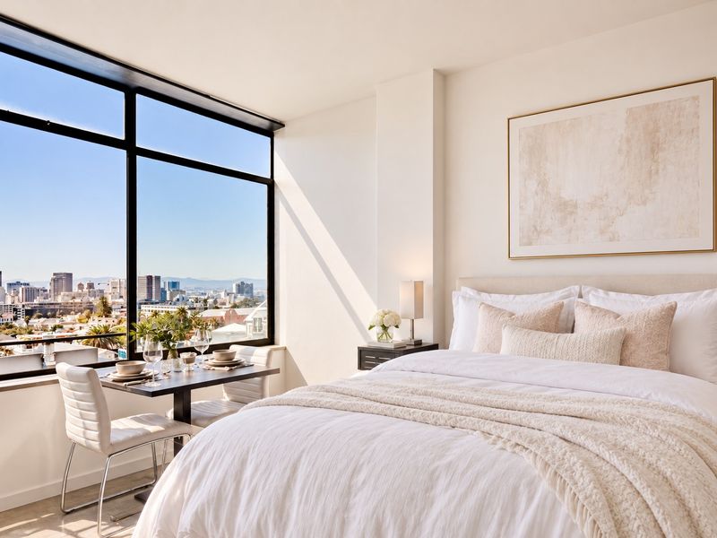 A bright, modern bedroom featuring expansive floor-to-ceiling windows with panoramic city views and high-quality finishes.