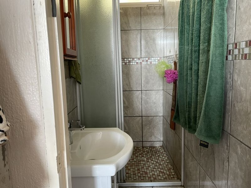 Compact bathroom featuring a pedestal washbasin and a tiled shower enclosure with mosaic flooring.