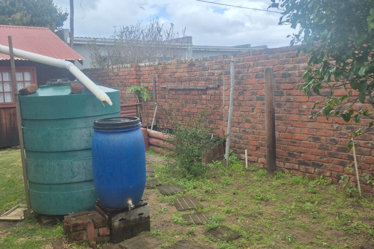 Rear garden area featuring a brick boundary wall, rainwater collection system, and a timber outbuilding with a corrugated metal roof.