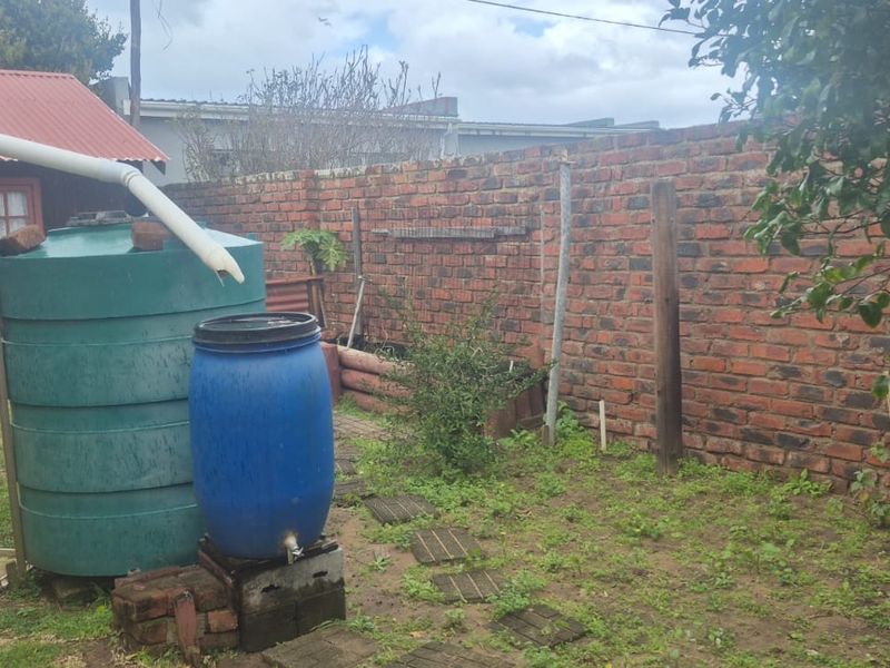 Rear garden area featuring a brick boundary wall, rainwater collection system, and a timber outbuilding with a corrugated metal roof.