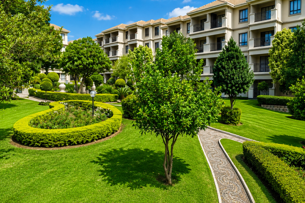 A well-maintained apartment complex featuring lush landscaped gardens, manicured hedges, and paved walkways leading to the building's rear facade with private balconies.