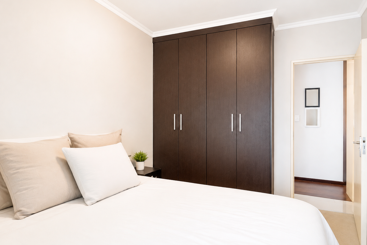 A well-maintained bedroom featuring dark wood built-in cupboards, neutral wall finishes, and classic coving detail.