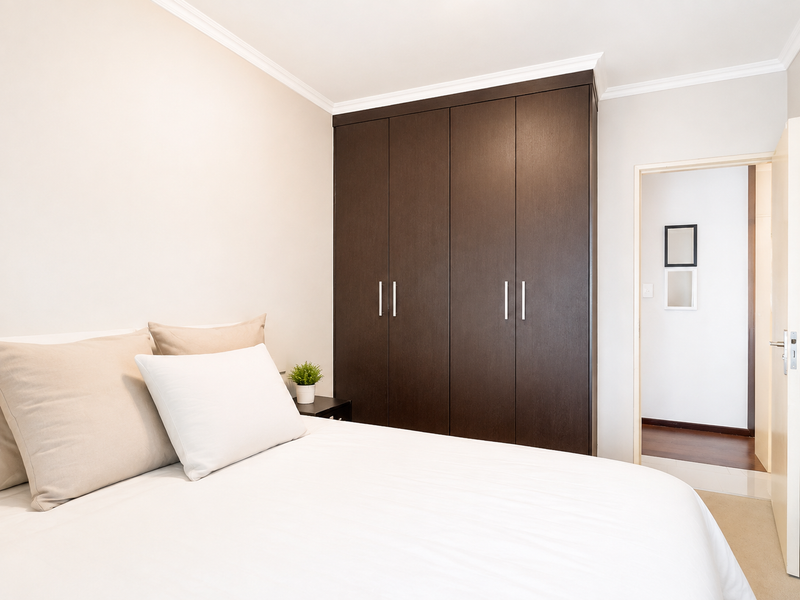 A well-maintained bedroom featuring dark wood built-in cupboards, neutral wall finishes, and classic coving detail.