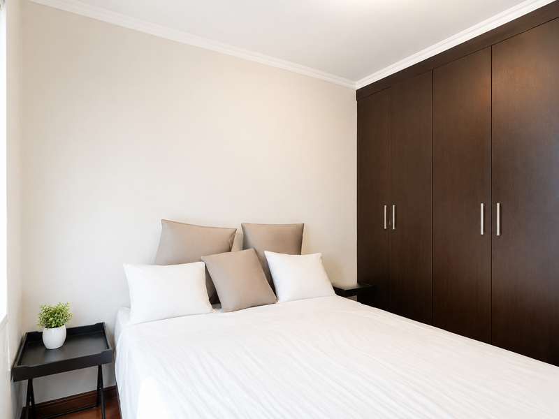 A well-maintained bedroom featuring dark wood built-in cupboards and neutral wall finishes, providing a clean and functional sleeping space.