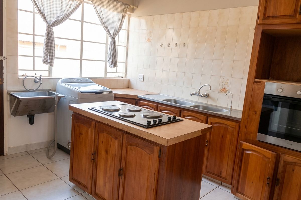 Functional kitchen featuring wooden cabinetry, built-in oven, electric hob, double sink, and a separate utility sink area with tiled finishes.