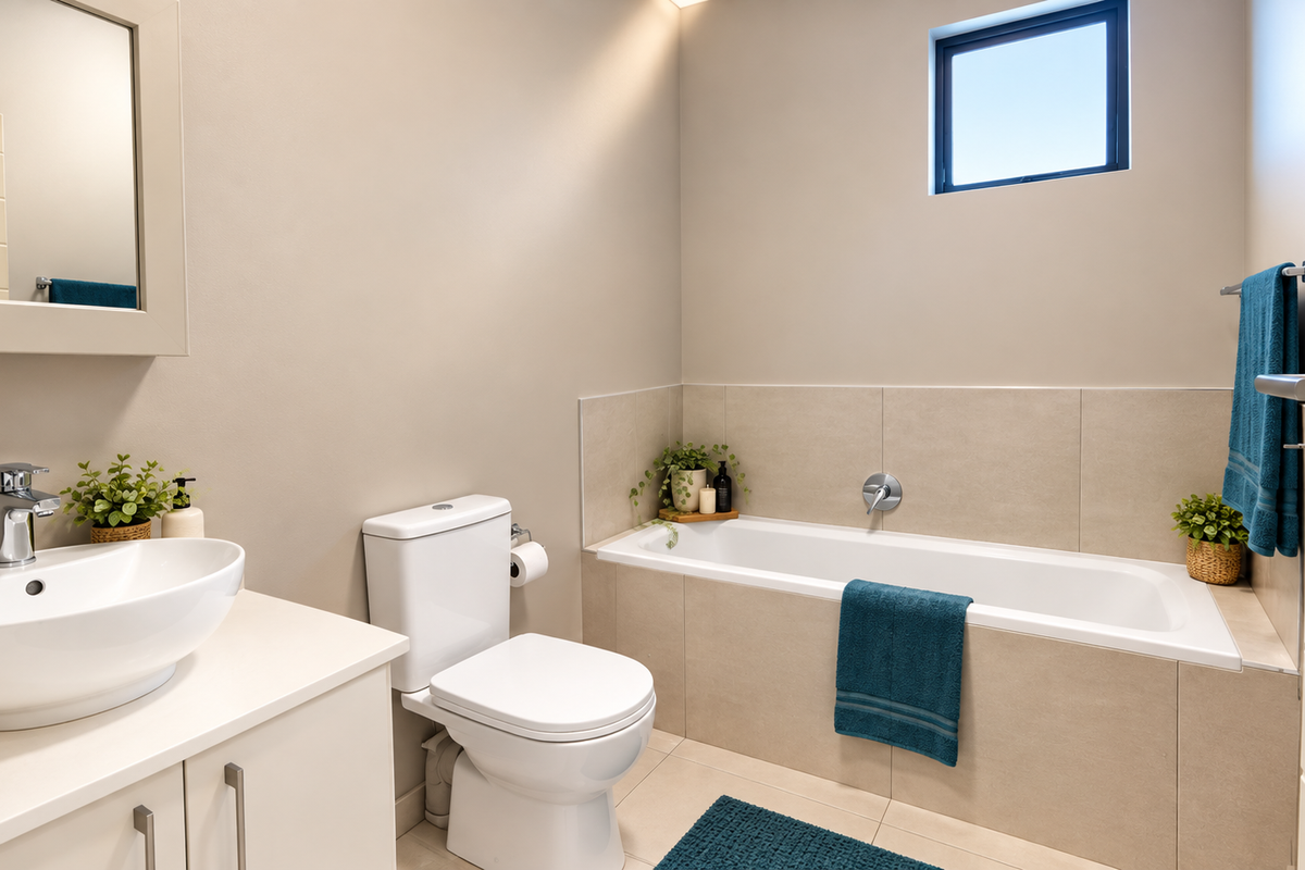 Modern bathroom featuring a vessel sink on a vanity cabinet, a white toilet, and a tiled bathtub with chrome fixtures.