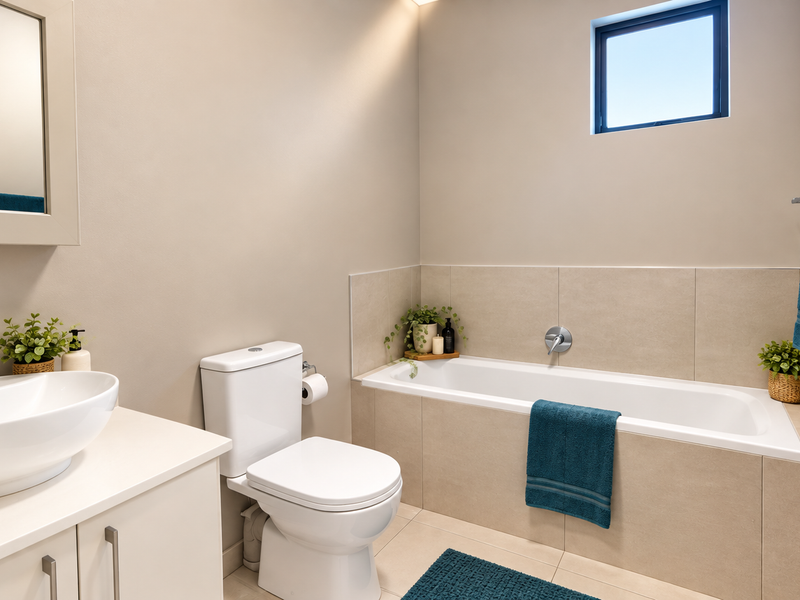 Modern bathroom featuring a vessel sink on a vanity cabinet, a white toilet, and a tiled bathtub with chrome fixtures.