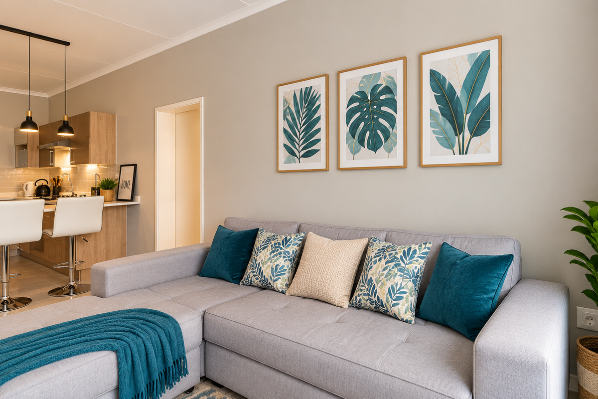 Modern open-plan living area featuring a contemporary kitchen with light wood cabinetry, subway tile backsplash, and stylish pendant lighting over a breakfast bar.