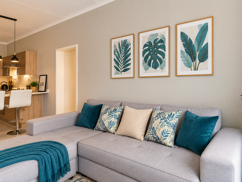 Modern open-plan living area featuring a contemporary kitchen with light wood cabinetry, subway tile backsplash, and stylish pendant lighting over a breakfast bar.