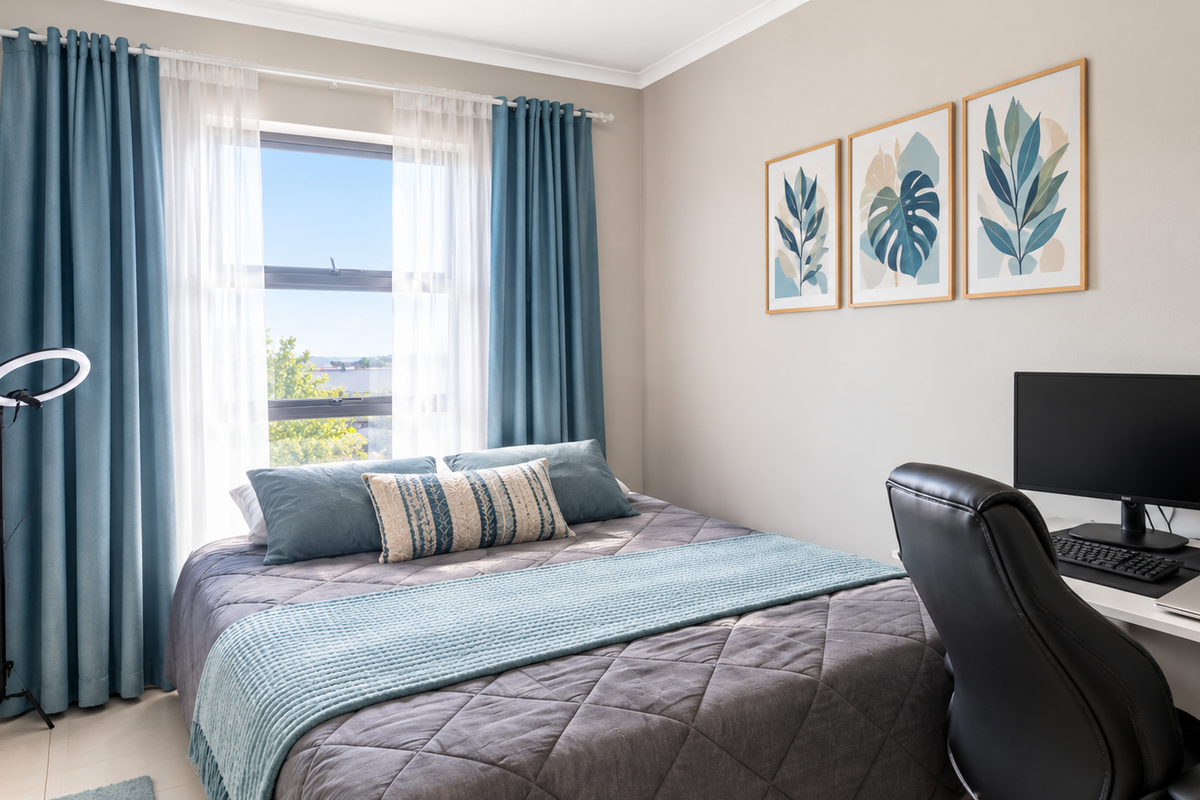 A well-maintained bedroom featuring neutral walls, tiled flooring, and an aluminium-framed window with integrated curtain tracks.