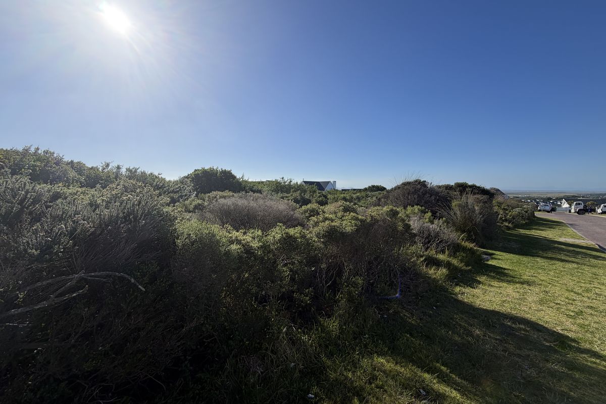 A view of a vacant residential plot featuring natural coastal vegetation and a grass verge under a clear blue sky.