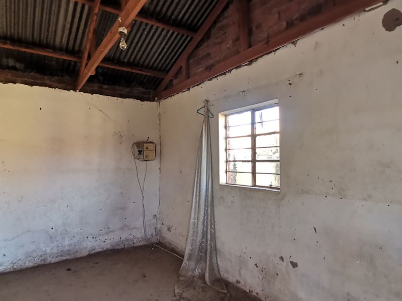 An empty room featuring exposed timber rafters, corrugated iron roofing, and a steel-framed window, requiring significant renovation and cosmetic repairs.