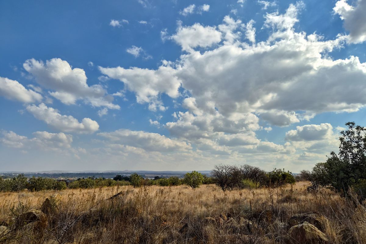 A scenic view of the vacant residential land featuring natural vegetation and open landscape under a bright blue sky.