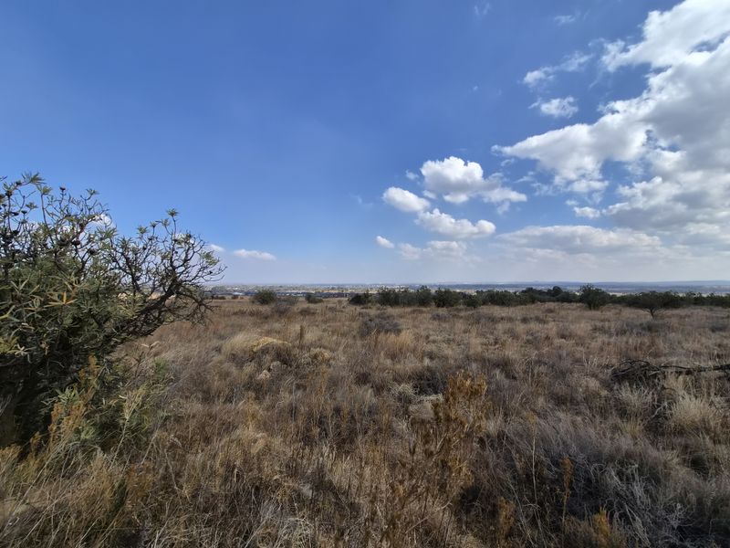A wide-angle view of the vacant residential land, featuring natural dry grassland and distant horizon views under a clear blue sky.