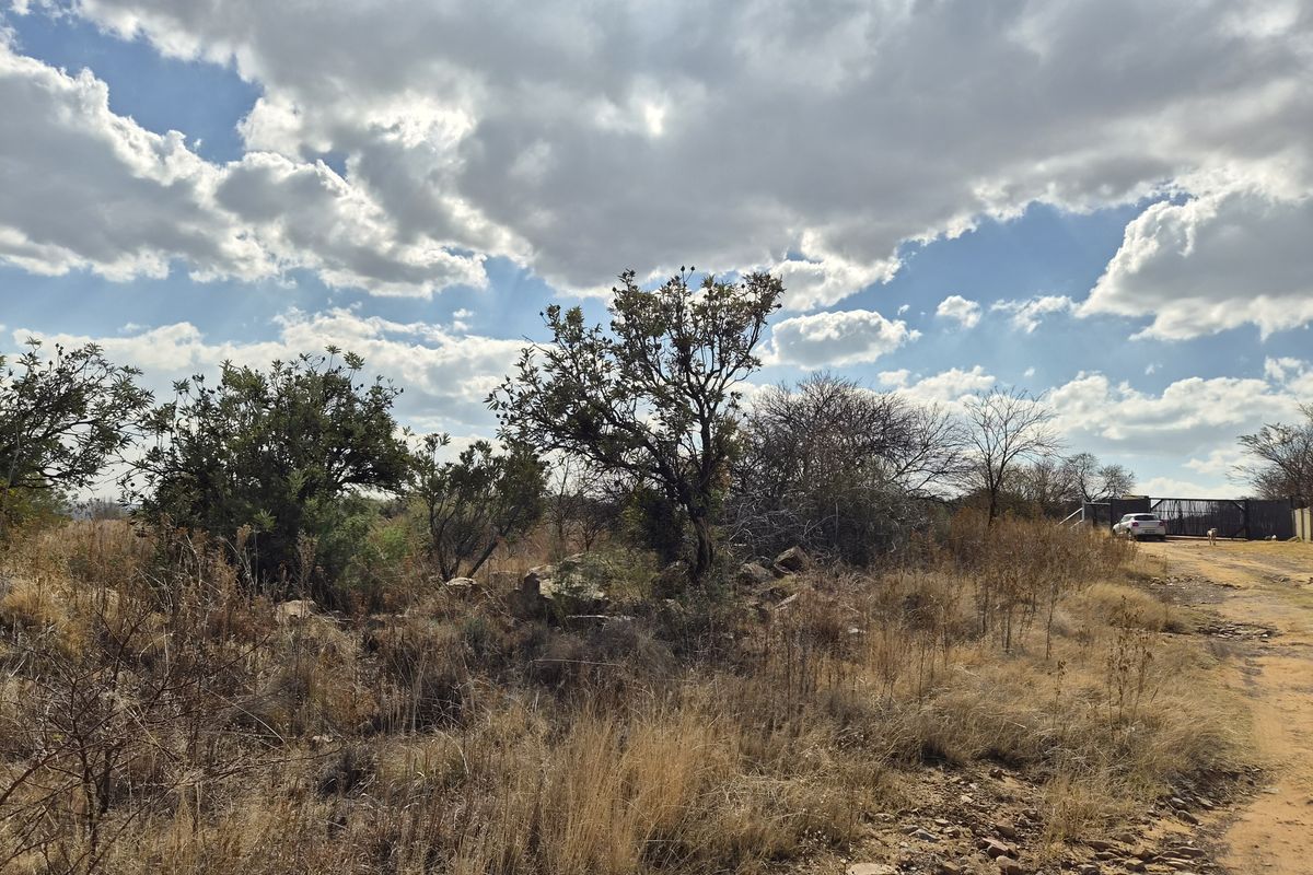 A view of a vacant residential plot featuring natural vegetation, dry grass, and an unpaved access track under a cloudy sky.