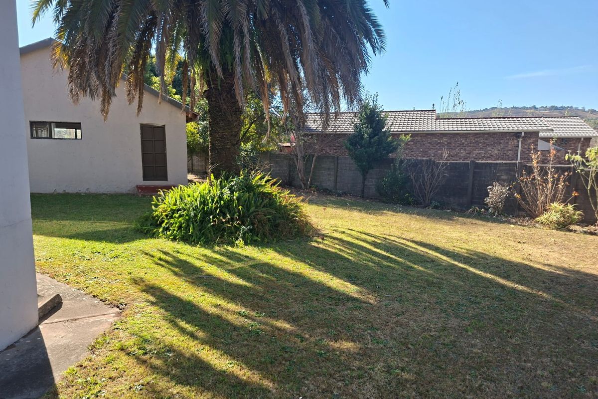 A spacious rear garden featuring a large palm tree, established lawn, and concrete boundary wall, providing a private outdoor area.