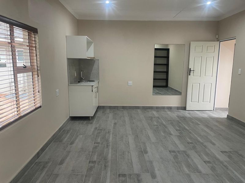 An open-plan living space featuring modern grey tiled flooring, a compact kitchenette with sink, recessed lighting, and a large wall-mounted mirror.