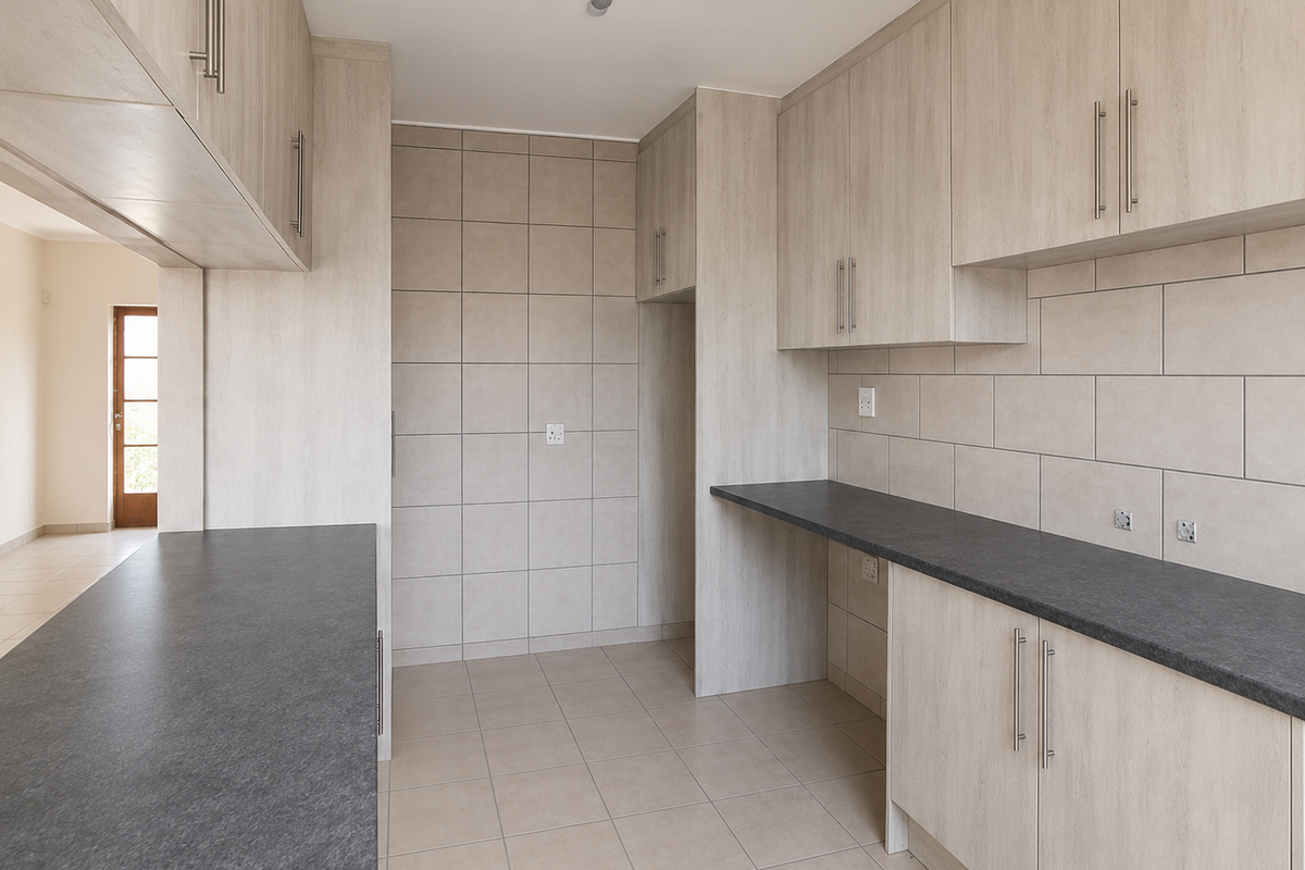 A clean, modern kitchen featuring light wood-tone cabinetry, dark countertops, and neutral ceramic tiling throughout, offering a functional and well-maintained workspace.