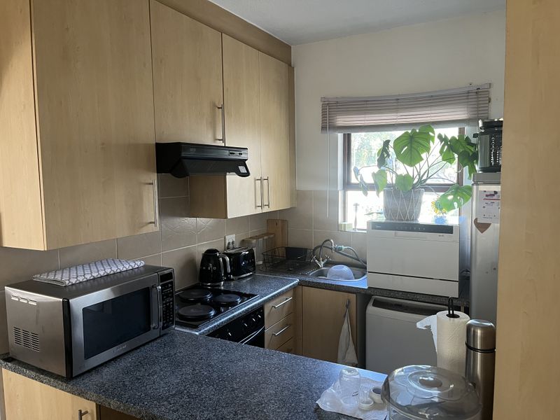 A compact kitchen featuring light wood-finish cabinetry, dark laminate countertops, a tiled backsplash, and an integrated electric hob with an extractor fan.