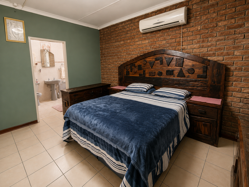 Spacious bedroom featuring an exposed brick feature wall, split-system air conditioning, tiled flooring, and direct access to an en-suite bathroom.